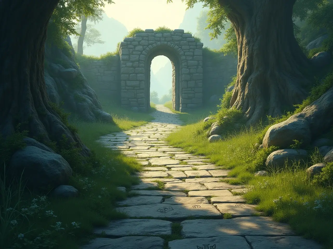 Ancient stone pathway through a mossy valley