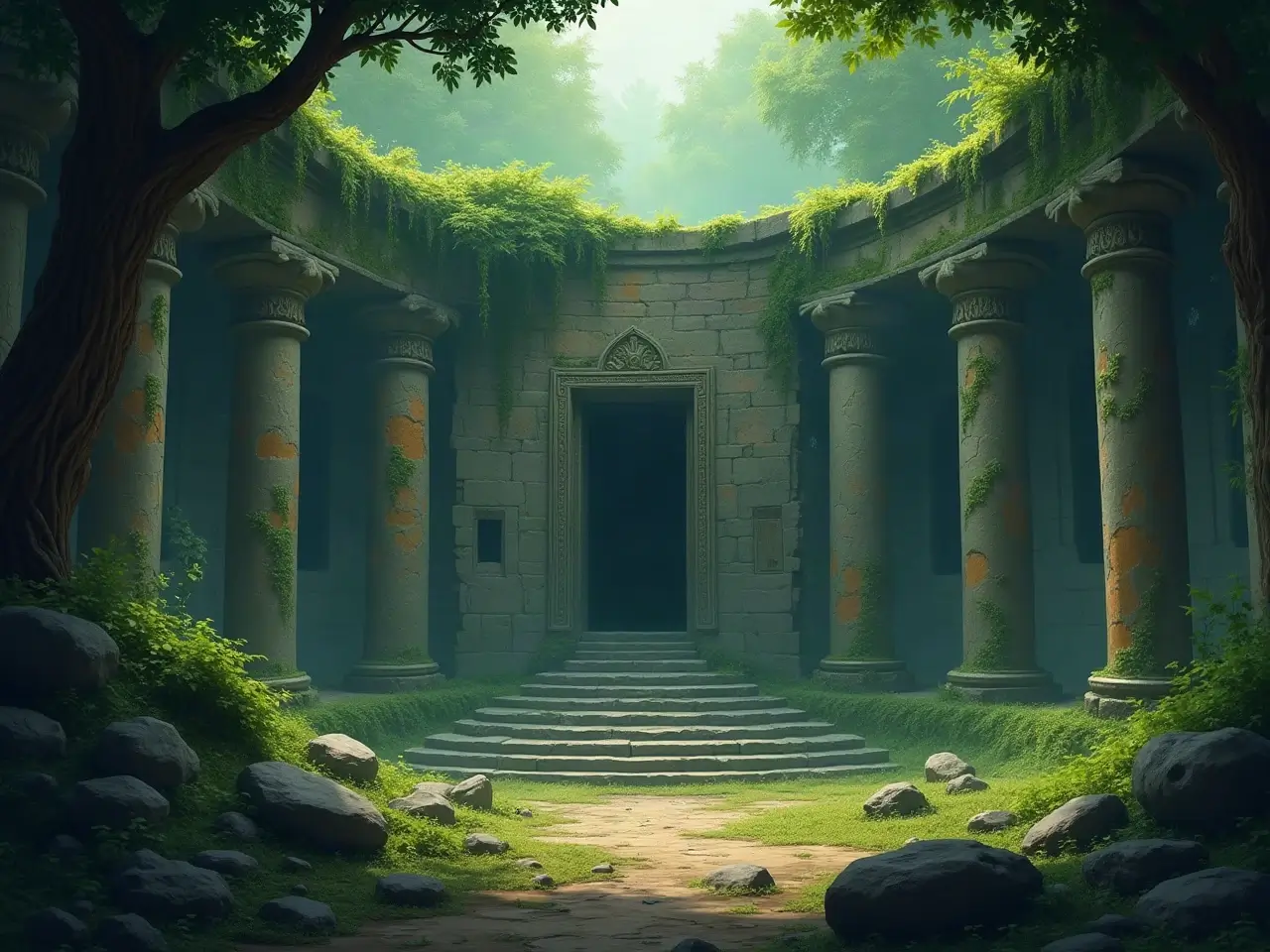 Crumbling temple ruins in an overgrown valley
